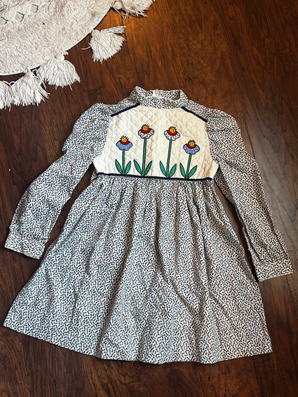 VTG Prairie Bib Style Dress Quilted Floral Applique Cottagecore LS Boho Sz 4/5